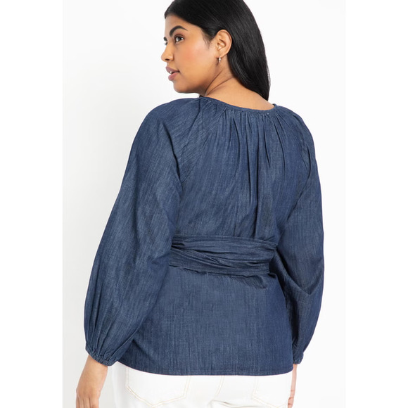 Eloquii Top Blouse Womens Size 20 Blue Wrap Long Sleeves Boho‎ Elevated Casual - Picture 2 of 9